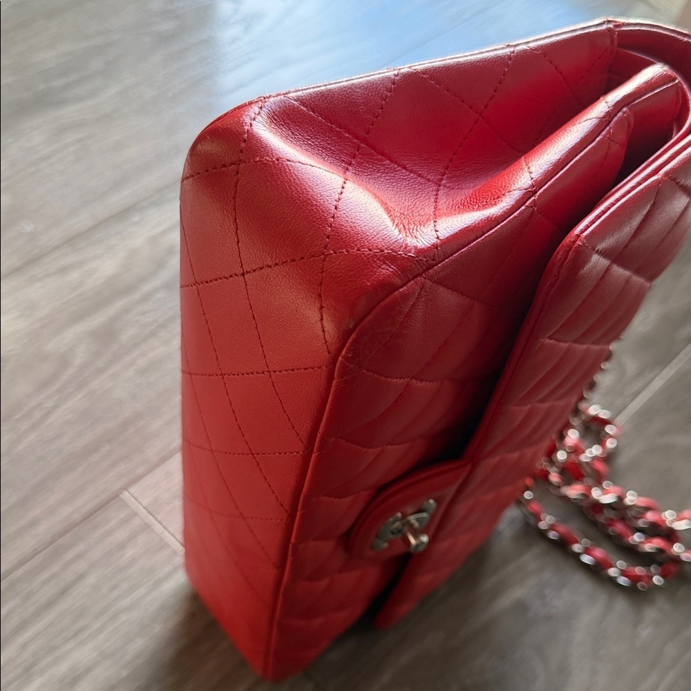 CHANEL Red Lambskin Medium Classic Double Flap Silver Hardware - Picture 4 of 9